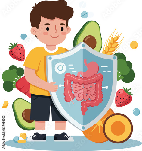 Healthy digestion protection concept with boy holding shield and intestinal system surrounded by fruits and vegetables vector illustration