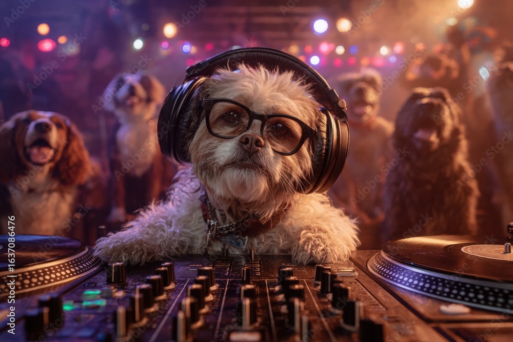 Fototapeta premium A dog wearing headphones and glasses stands at a DJ booth, mixing music. Surrounding canines watch excitedly as colorful lights illuminate the playful party atmosphere.