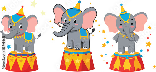 Cute cartoon circus elephants wearing blue hats standing on red and yellow circus pedestals with stars and confetti vector illustration