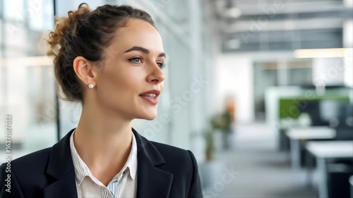 Young confident businesswoman in a suit smiling and talking at the camera