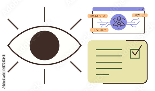 Eye with radiating lines, science webpage, and checklist note symbolize observation, research, and knowledge organization. Ideal for learning, education, analysis, innovation creativity insight