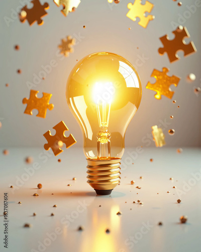 Floating golden puzzle pieces coming together to form a glowing lightbulb in mid-air, symbolizing innovation, problem solving, brainstorming, and strategic thinking in a conceptual 3D illustration