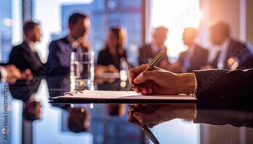 a company secretary is summarizing the results of the meeting, hand holding a pen and writing the minutes in a meeting agenda notebook, the atmosphere of the meeting is being conducted in a room