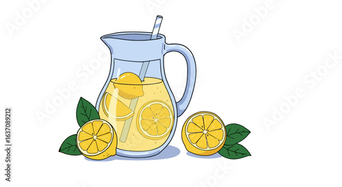 Vector Sketch Cartoon Lemonade Jug with Sliced Lemon and Leaves — Fresh Citrus Illustration