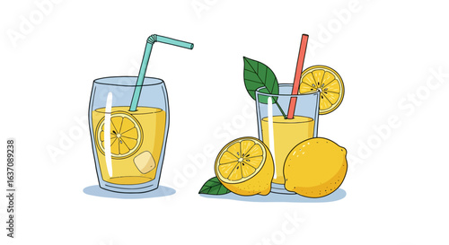 Vector Sketch Cartoon Lemonade Glass with Sliced Lemon and Leaves — Fresh Citrus Illustration