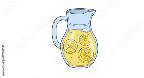 Vector Sketch Cartoon Lemonade Jug with Sliced Lemon and Leaves — Fresh Citrus Illustration