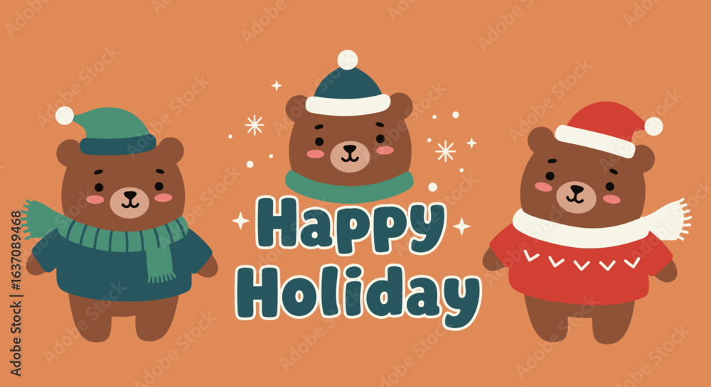 Obraz premium Vector Illustration of Cute Little Bear Characters with “Happy Holiday” Text for Greeting Card