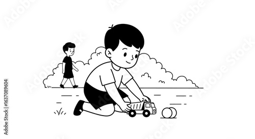 Vector Sketch of Little Boy Rolling Toy Lorry Car — Black and White Outdoor Cartoon Illustration
