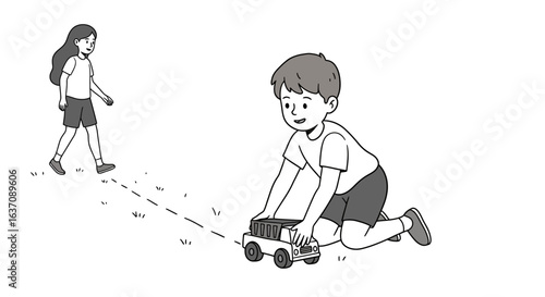 Vector Sketch of Little Boy Rolling Toy Lorry Car — Black and White Outdoor Cartoon Illustration