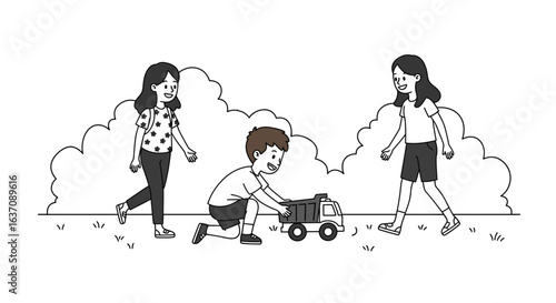 Vector Sketch of Little Boy Rolling Toy Lorry Car — Black and White Outdoor Cartoon Illustration