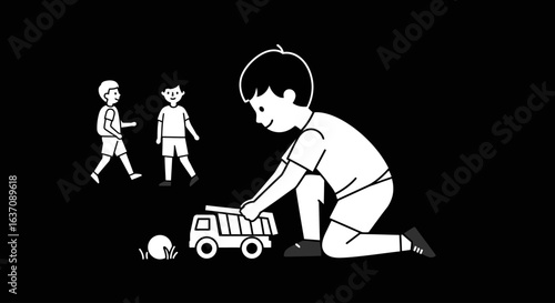 Vector Sketch of Little Boy Rolling Toy Lorry Car — Black and White Outdoor Cartoon Illustration