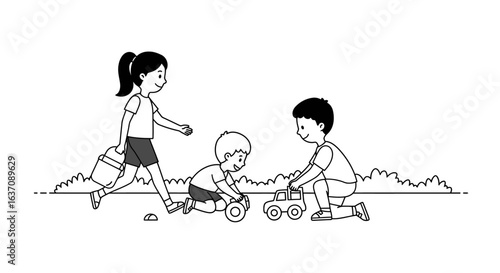 Vector Sketch of Little Boy Rolling Toy Lorry Car — Black and White Outdoor Cartoon Illustration