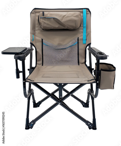 Beige folding camping chair with teal accents and built-in accessories