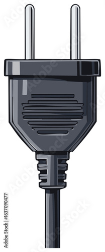Close up of a black European style electrical power plug with two round pins and cord attached
