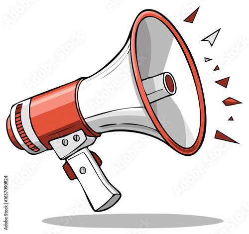 Red and white megaphone or bullhorn shouting an announcement cartoon vector illustration