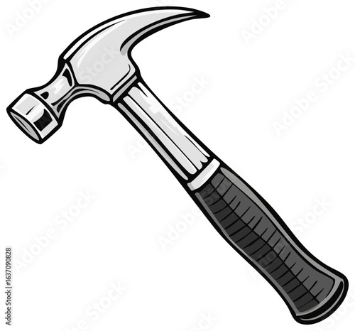 Metal hammer with gray handle. Tool for hammering nails, repair equipment icon. Hand work equipment.