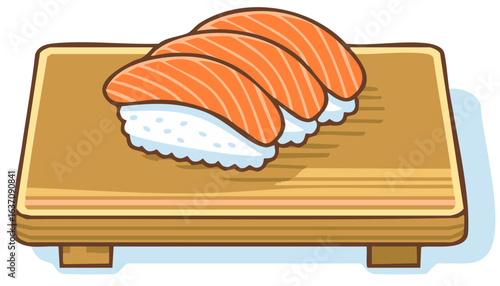 Fresh salmon nigiri sushi pieces on a traditional wooden serving board delicious Japanese cuisine illustration