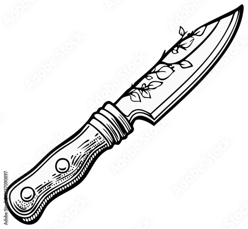 Hand drawn knife illustration with plant leaves. Isolated weapon outline design.