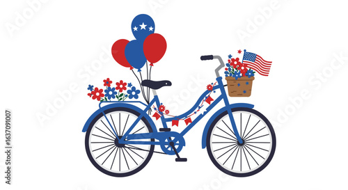 Vector Patriotic Blue Bicycle Illustration with American Flags, Flowers, and Balloons for 4th of July Holiday Card
