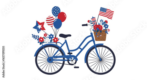 Vector Patriotic Blue Bicycle Illustration with American Flags, Flowers, and Balloons for 4th of July Holiday Card
