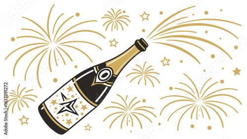 Champagne bottle popping with golden fireworks celebration for new year's eve party vector art