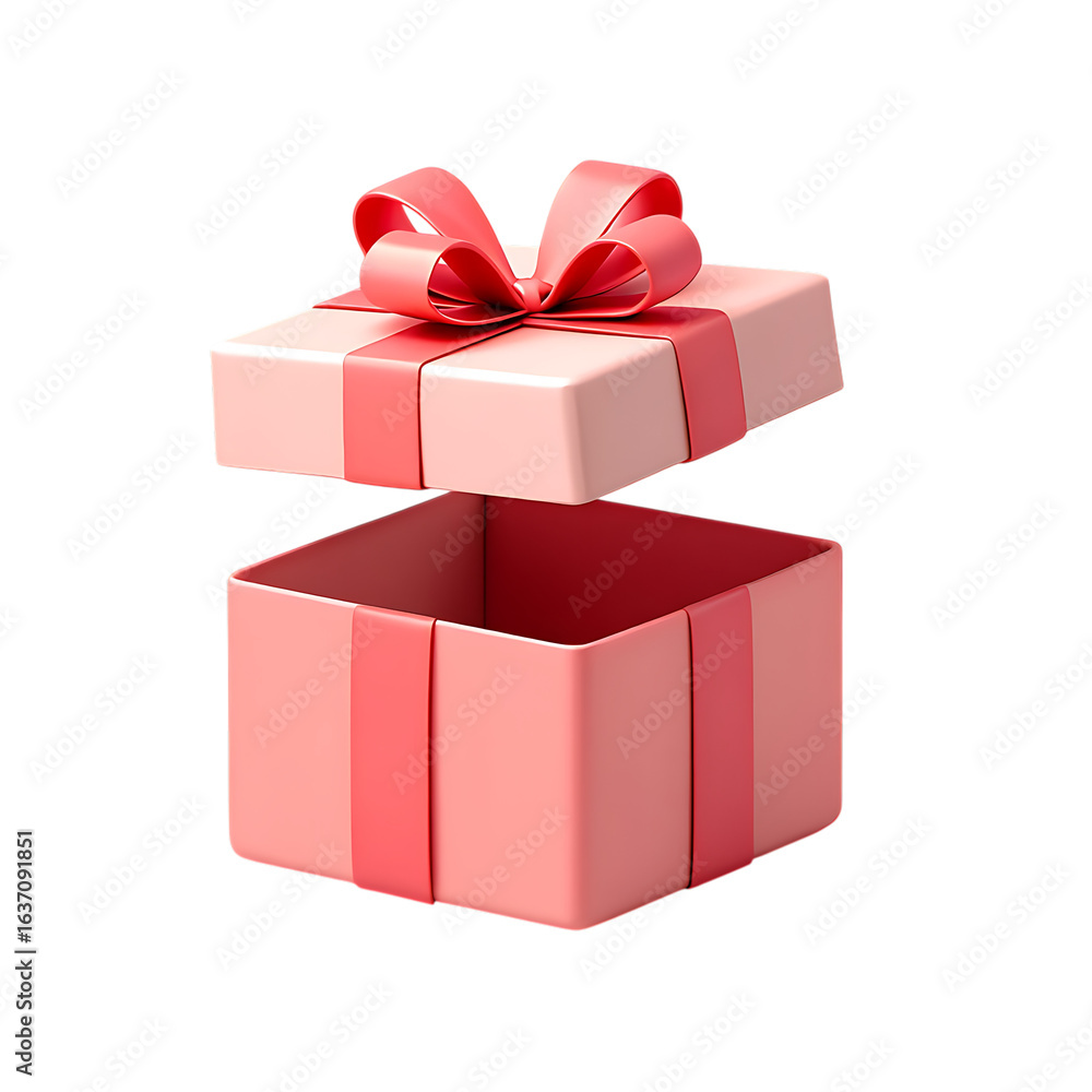 Obraz premium 3d illustration of an open pink gift box with red ribbon isolated on transparent background, perfect for birthday, christmas, or any special celebration