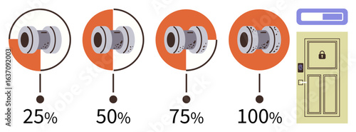 Four lock progress levels 25, 50, 75, 100 visually linked, alongside a locked entrance door. Ideal for security, progress tracking, safety technology, access control digital system home safety