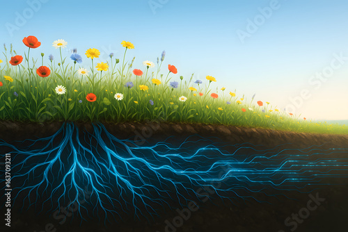 Concept of Glowing Neural Network Roots Under a Flower Meadow