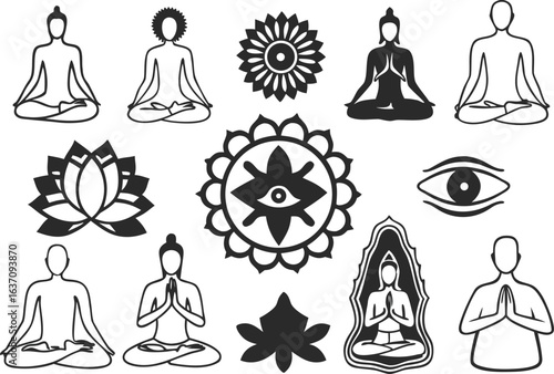 Collection of yoga and meditation icons with spiritual symbols