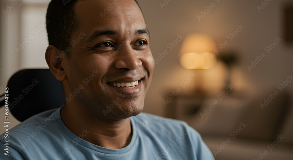 Obraz premium Smiling African American man looking away, exuding happiness and confidence indoors