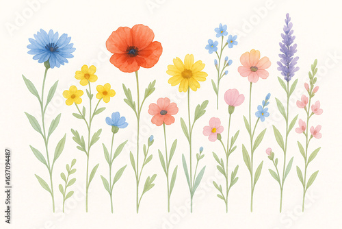 A delicate watercolor illustration of various wildflowers in soft pastel and vibrant hues, including blue, red, yellow, pink, and purple blooms. 