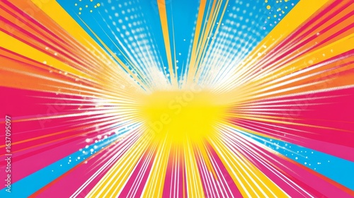 The background features a comic book explosion in a retro pop art style