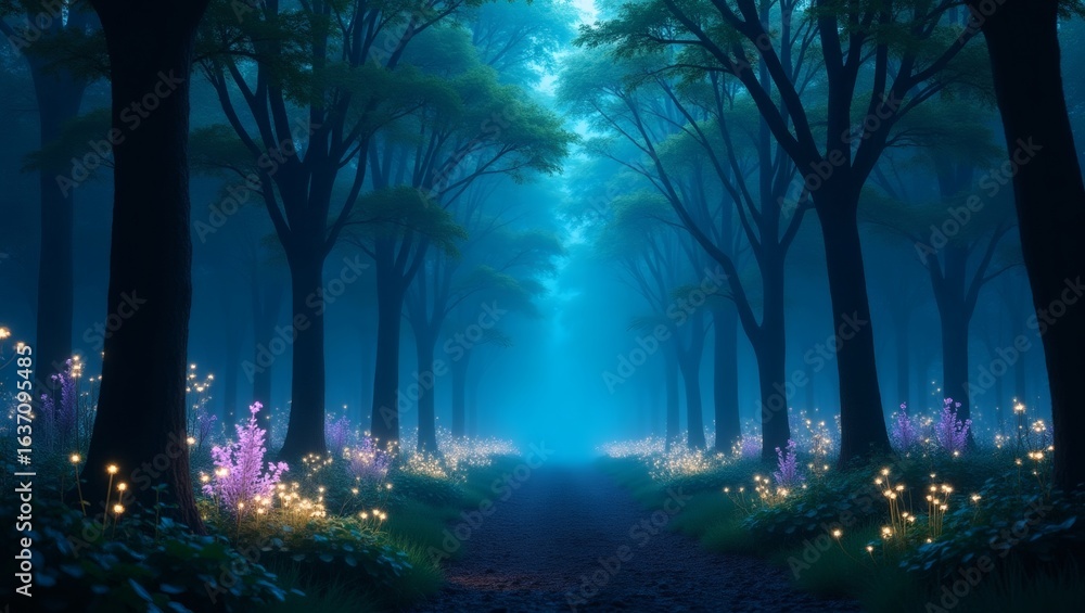 Obraz premium A mystical forest path with soft glow, transporting viewers to a realm of enchantment and peace. The scene is bathed in ethereal lighting, with a pathway leading into the distance