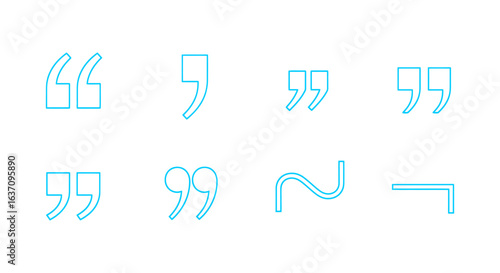 A collection of eight light blue punctuation mark icons, including various quotation marks, a tilde, and a dash, presented in a modern outline style.