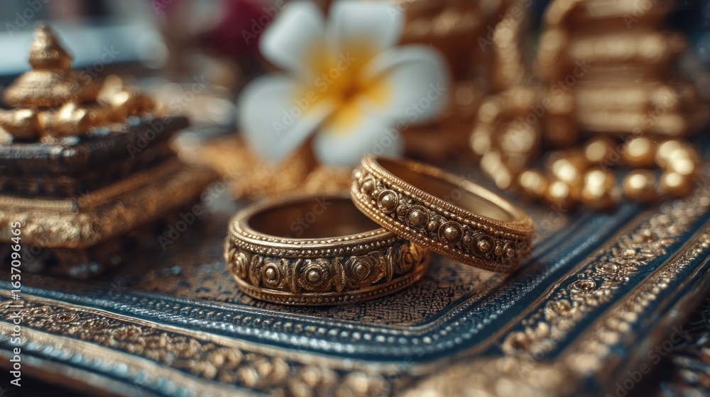 Naklejka premium Golden adornments on a rich textile display
