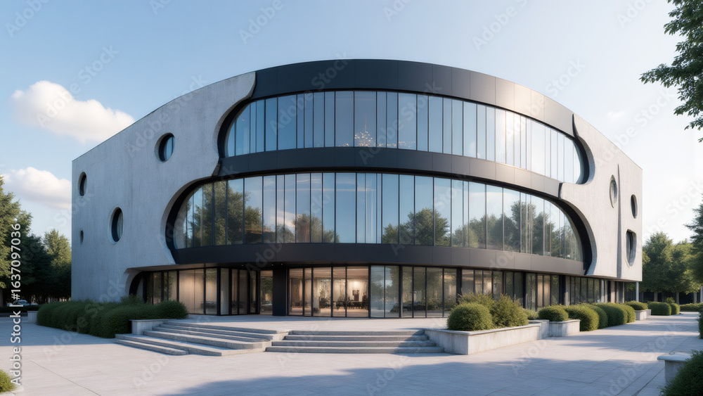 Fototapeta premium Modern Architectural Building Facade with Concrete Walls and Glass Windows