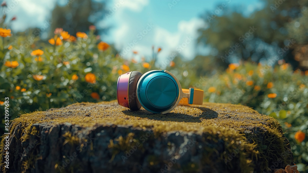 Fototapeta premium Vivid and Colorful Headphones Resting on a Mossy Tree Stump Outdoor 