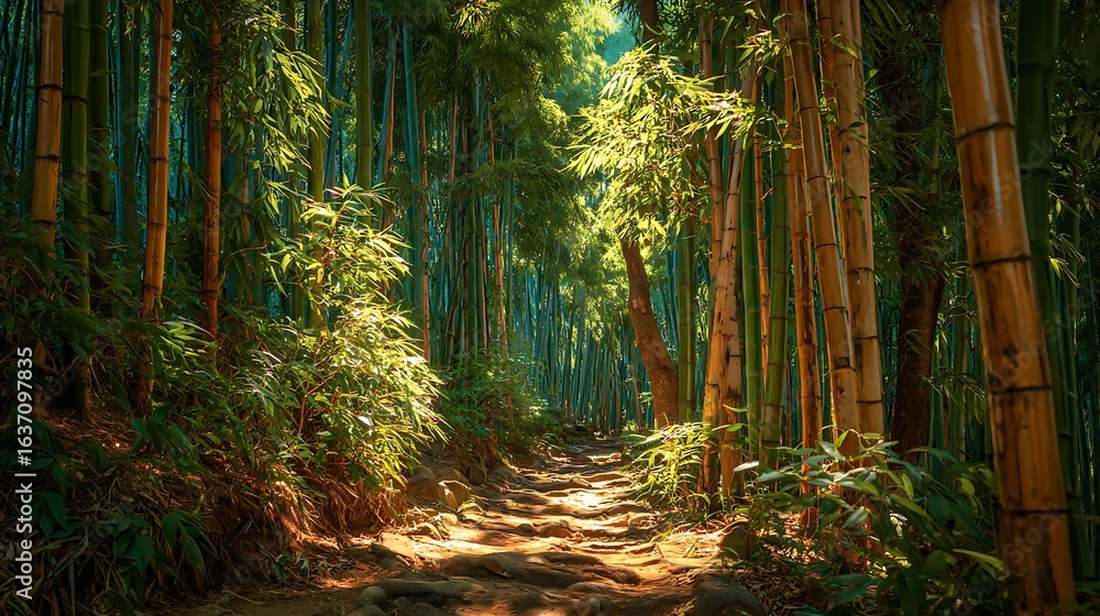 Obraz premium Sunlit Path Through a Lush Bamboo Forest