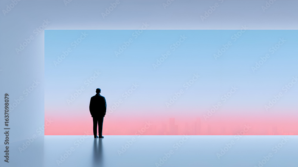 Obraz premium A silhouette of a man stands before a large window, looking at a city skyline at dawn. The minimalist, visionary scene is perfect for themes of leadership, success, and the future.