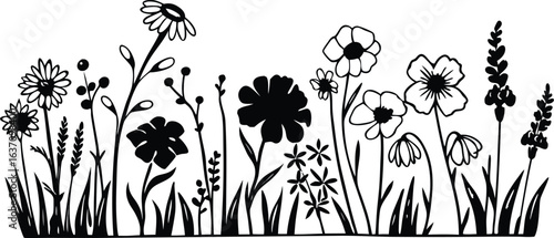 Black and white silhouette border of diverse wildflowers and grasses