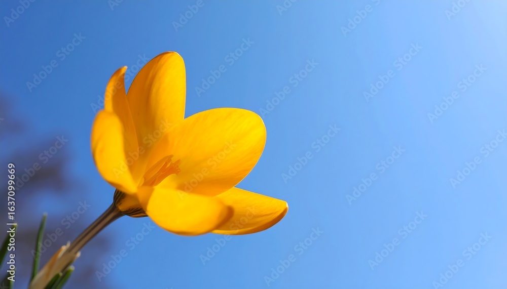 Obraz premium Close-up of a vibrant yellow crocus against a clear blue sky