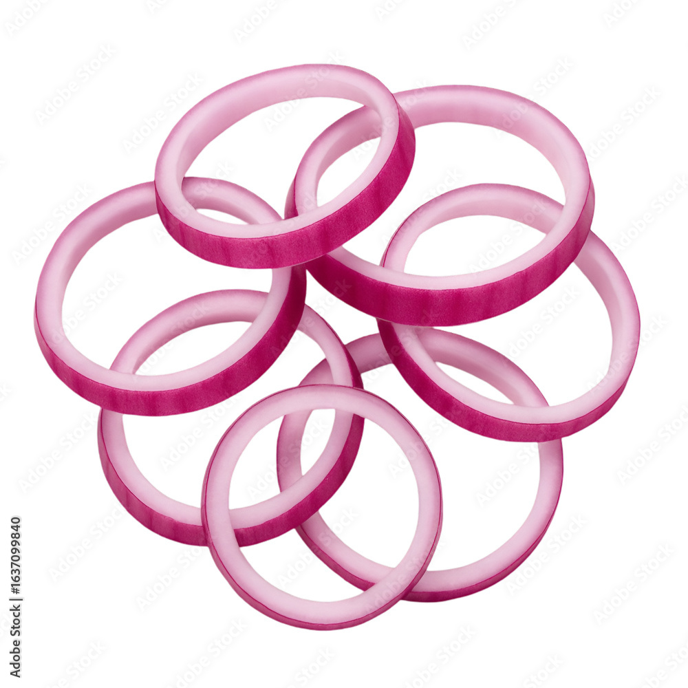 Obraz premium Red onion rings isolated on white background for fresh vegetable ingredient and healthy food recipe concepts