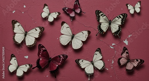 Colorful butterflies on textured pink background, nature design, flat lay