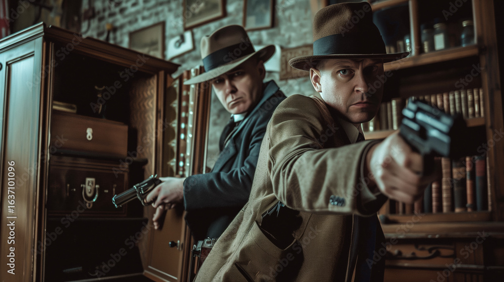 Two men in trench coats and fedoras aiming guns inside vintage study room. Use for noir fiction marketing, vintage gangster promotions, historical drama covers and crime storytelling.
Two men in trench coats and fedoras aiming guns inside vintage study room. Use for noir fiction marketing, vintage gangster promotions, historical drama covers and crime storytelling.