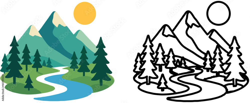 Fototapeta premium Stylized landscape illustration featuring mountains, river, trees, and a sun, with a color and line art version.