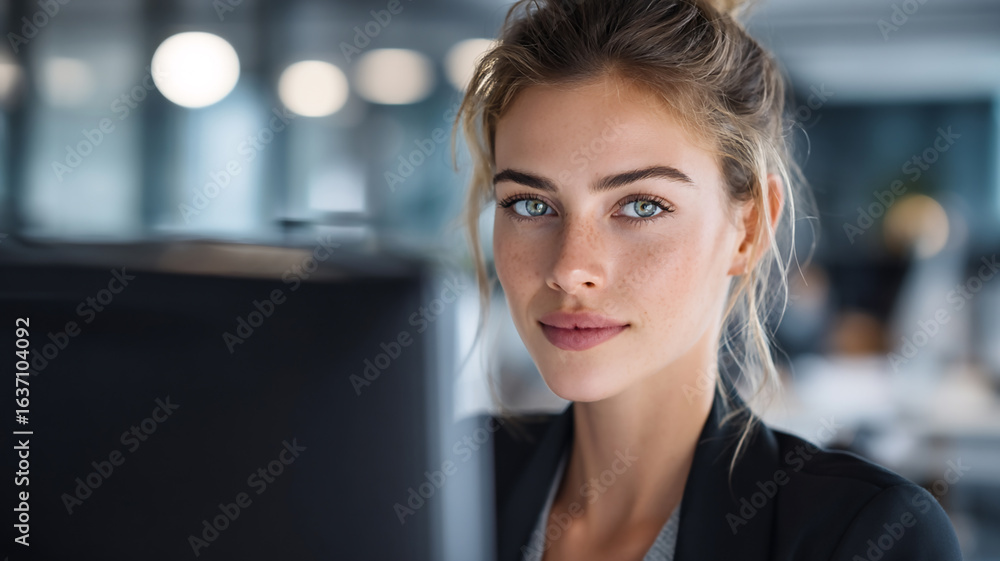 Fototapeta premium Determined professional woman working on project at office computer