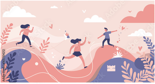 Colorful vector illustration of two happy people running and playing with ribbons in a whimsical, abstract landscape. Joyful cartoon-style characters expressing freedom, happiness, and togetherness. P