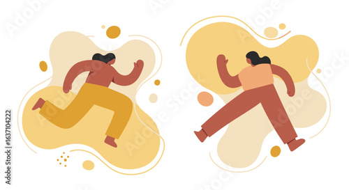 Colorful vector illustration of two happy people running and playing with ribbons in a whimsical, abstract landscape. Joyful cartoon-style characters expressing freedom, happiness, and togetherness. P