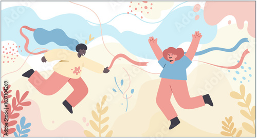 Colorful vector illustration of two happy people running and playing with ribbons in a whimsical, abstract landscape. Joyful cartoon-style characters expressing freedom, happiness, and togetherness. P