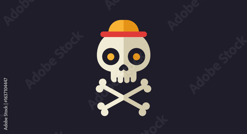 Create a high-resolution digital illustration of a cartoon-style skull with large, round eye sockets containing small orange circles, a small triangular nose cavity, and a subtle shadowed jawline. The